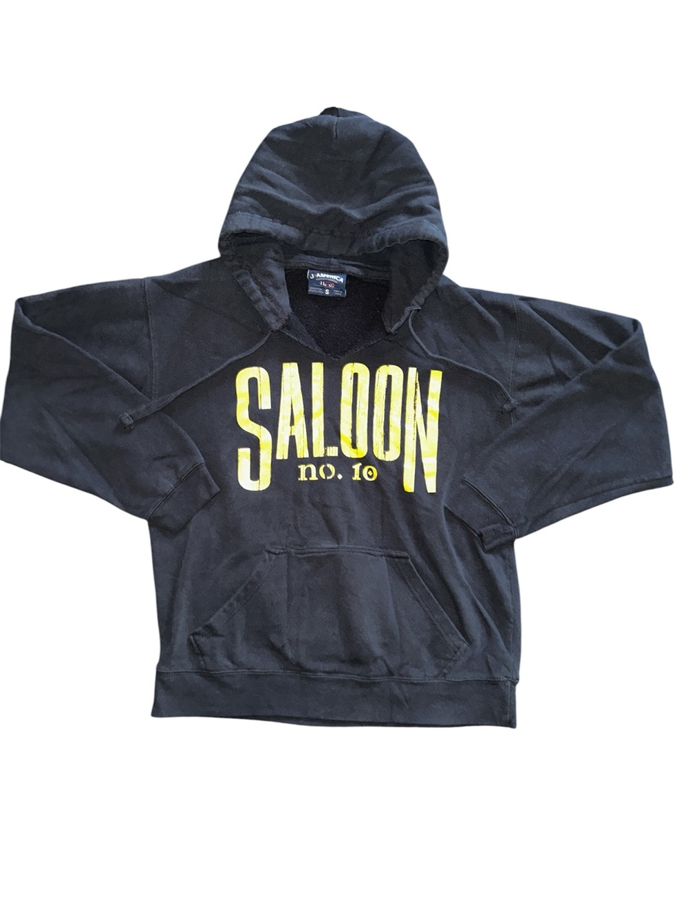 Black Hoodie with Velcro lined coozie pocket Yellow "SALOON no. 10" Graphic